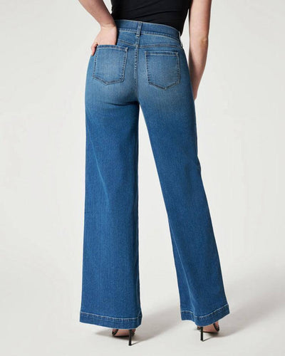 Women's Straight Jeans Mid Waist Wide Leg Pants High Elastic Waist Trousers-7