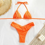 Women's Swimsuit Suit Solid Color Pleated Bikini-Orange-7