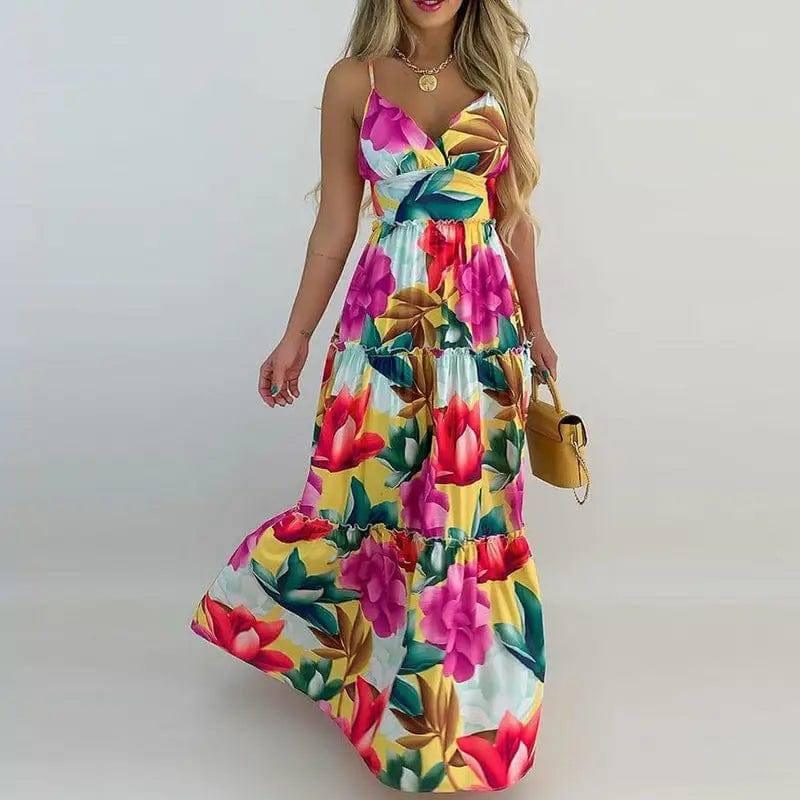 Women's V-Neck Sling Print Long High Waist Swing Dress-1