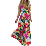 Women's V-Neck Sling Print Long High Waist Swing Dress-S-3