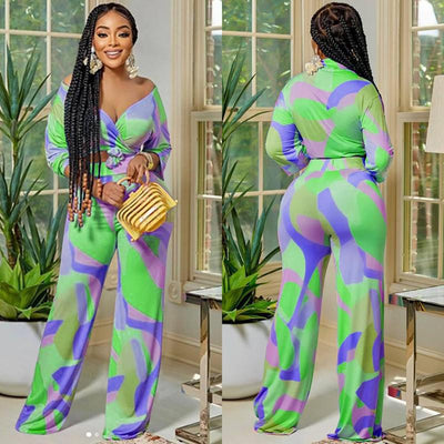 Women's Wear Irregular Pattern Long-sleeved Trousers V-neck Two-piece Suit-8