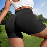 Women Sport Seamless Short Leggings High Waist Elastic Solid-Black-7