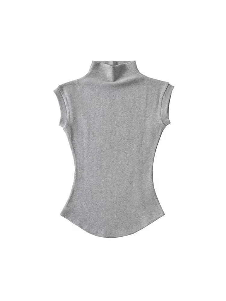 Women Summer Turtleneck Sleeveless T-Shirts Tops Solid-GRAY-11