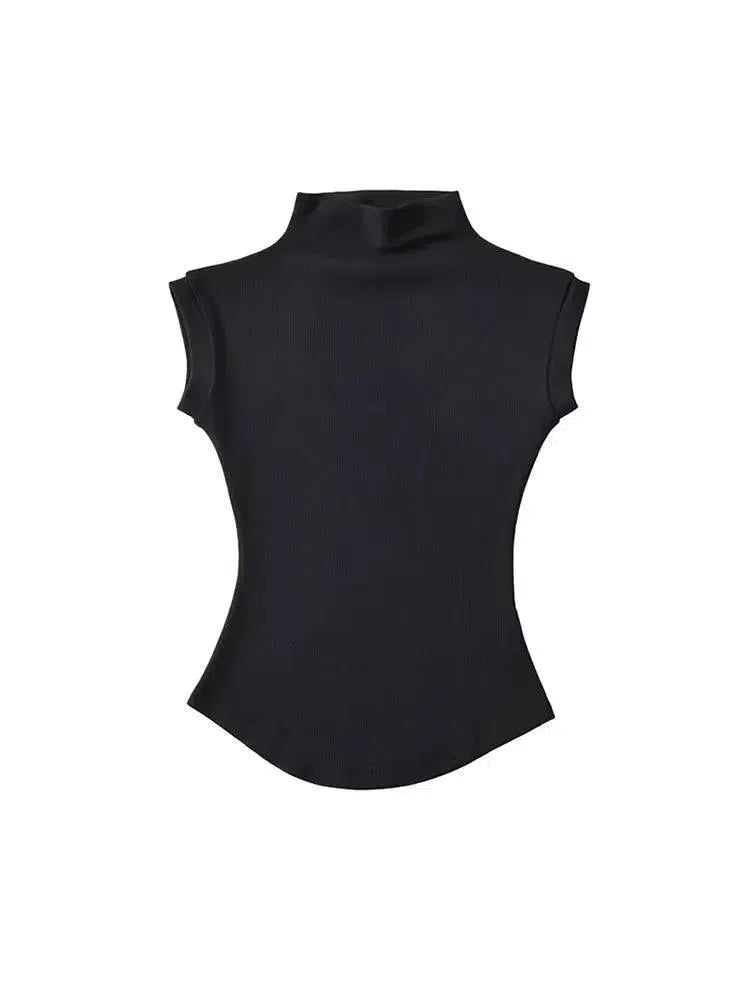 Women Summer Turtleneck Sleeveless T-Shirts Tops Solid-black-7