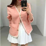 Women's Casual Tweed Jacket with Pockets-Pink-3