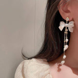 Zircon Pearl Bowknot Tassel Earrings Super Fairy Lady-Silver needle gold-1