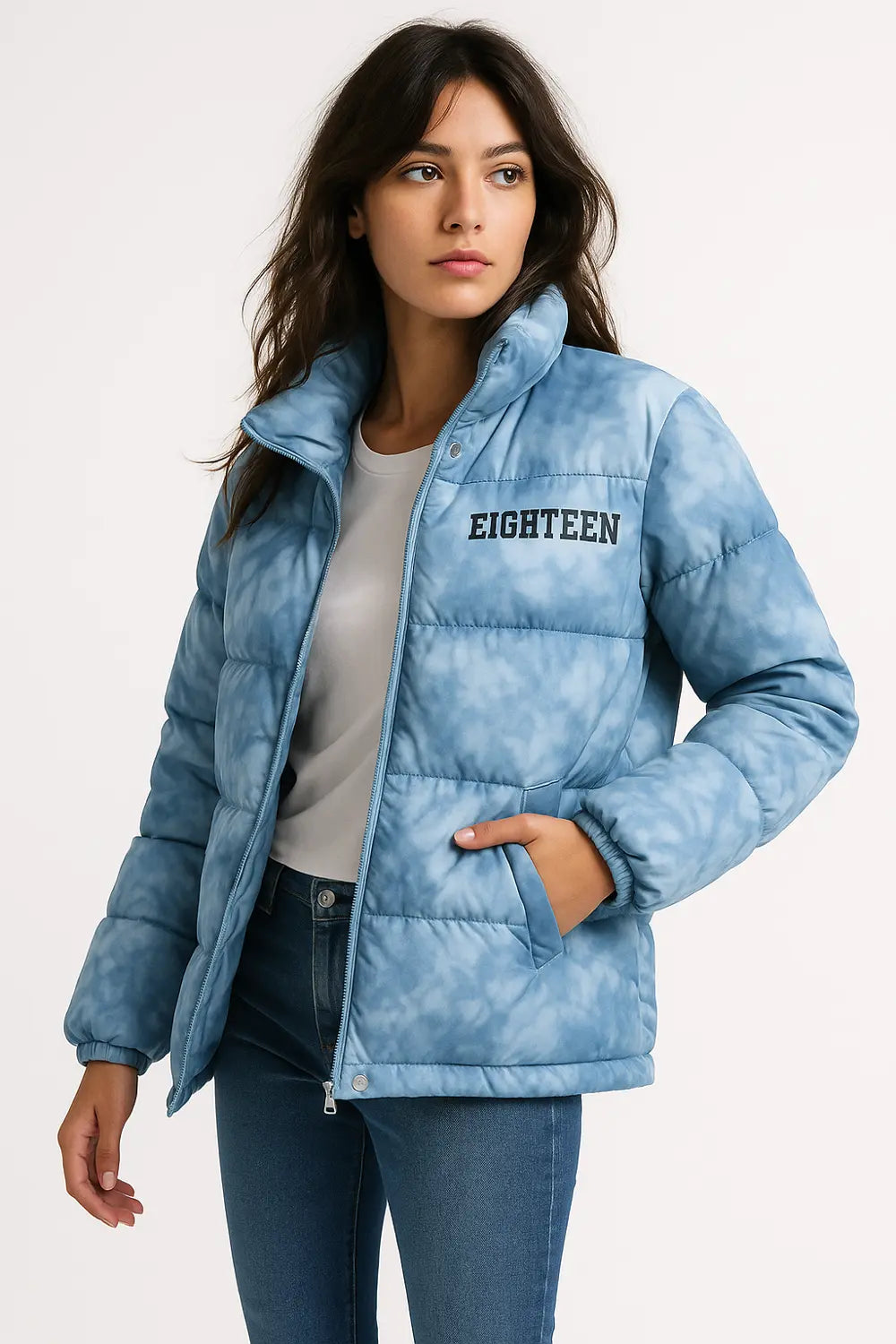 Light blue puffer jacket for women – trendy tie-dye quilted winter coat
