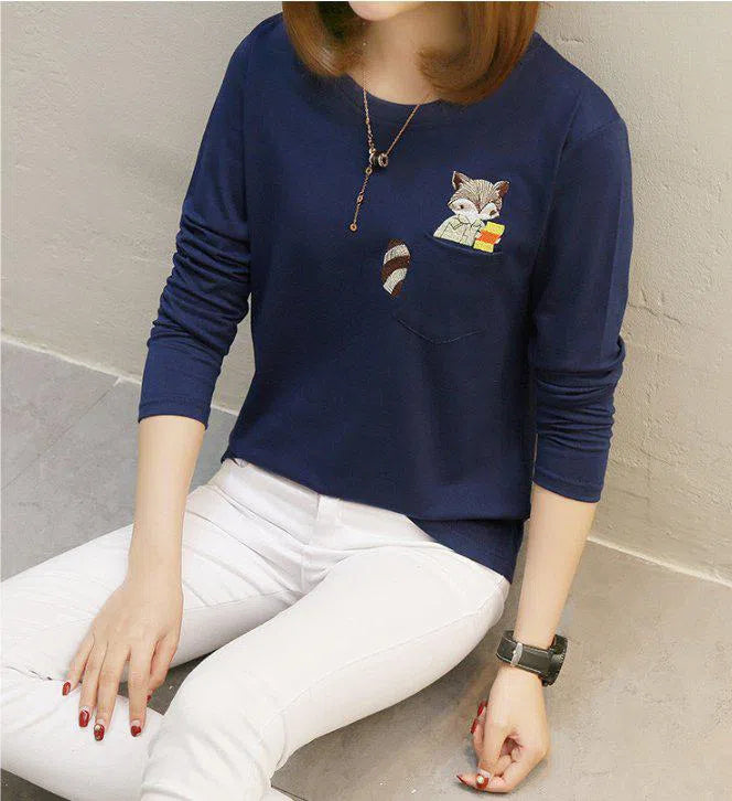 Women's Long Sleeve Tee with Pocket and Cat Design-Navy-2