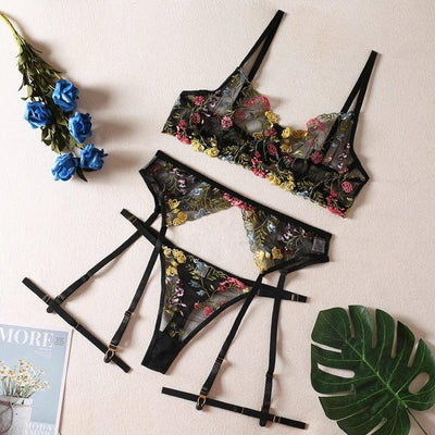 See-Through Yellow Garden Floral Bra Garter Belt Thong-Black-7