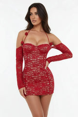 Front view of short red lace dress with long sleeves and sweetheart neckline for women