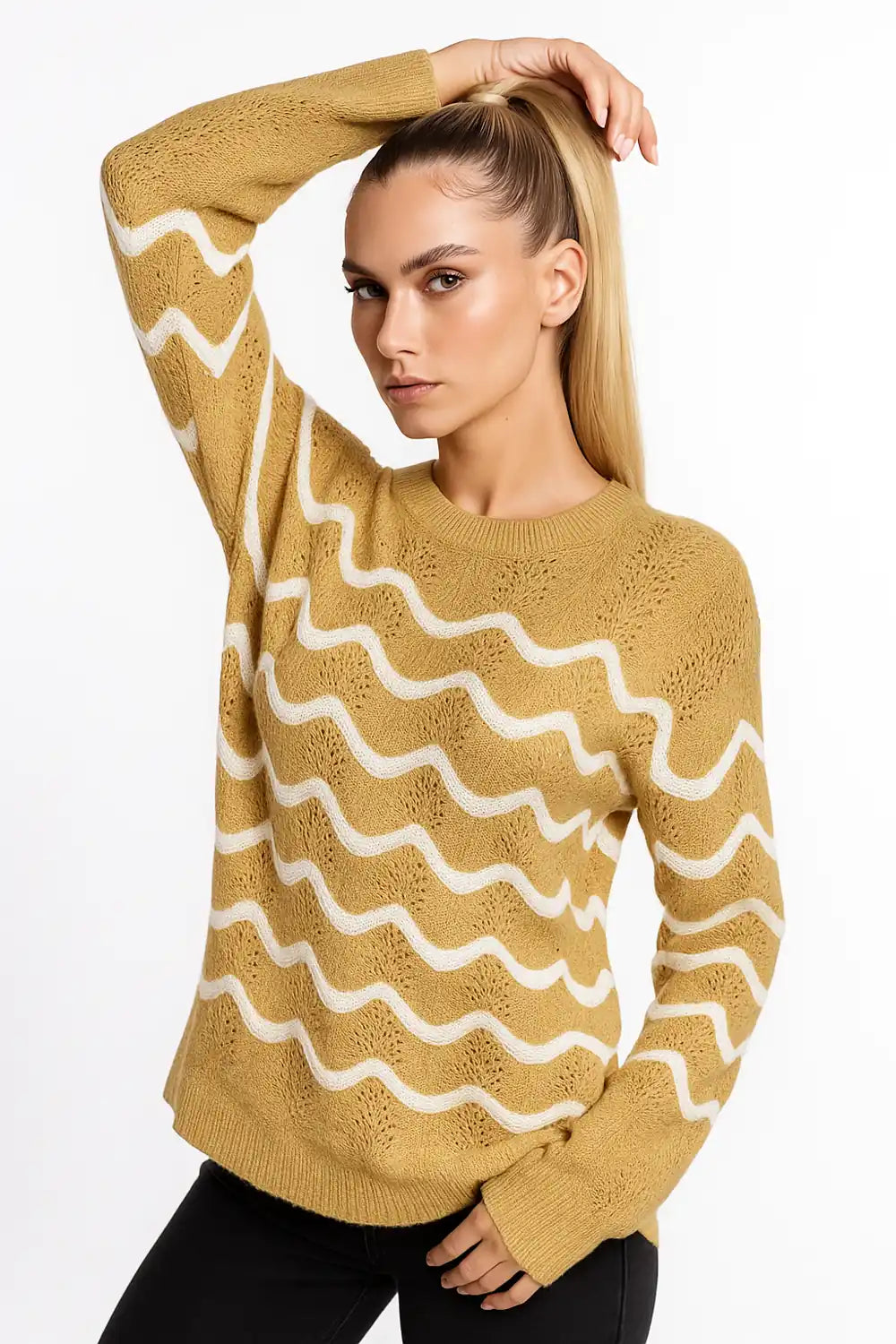 Black and mustard wave pattern knit sweater for women - trendy casual pullover